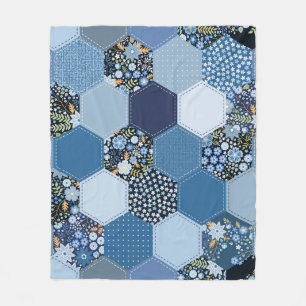 Blumenmuster, Denim Patchwork: blaues Muster. Fleecedecke