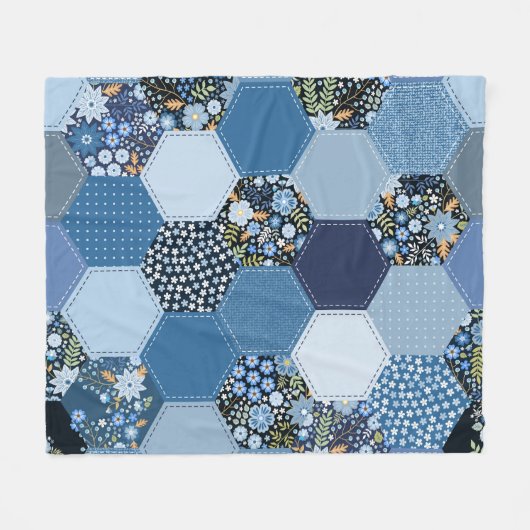 Blumenmuster, Denim Patchwork: blaues Muster. Fleecedecke (Vorderseite (Horizontal))