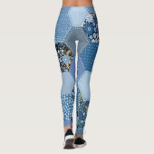 Blumenmuster, Denim Patchwork: blaues Muster. Leggings (Rückseite)