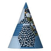 Blumenmuster, Denim Patchwork: blaues Muster. Partyhütchen (Links)