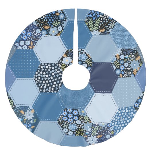 Blumenmuster, Denim Patchwork: blaues Muster. Polyester Weihnachtsbaumdecke (Vorderseite)