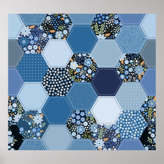 Blumenmuster, Denim Patchwork: blaues Muster. Poster (Vorne)