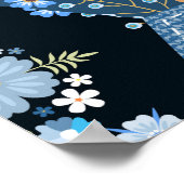 Blumenmuster, Denim Patchwork: blaues Muster. Poster (Ecke)