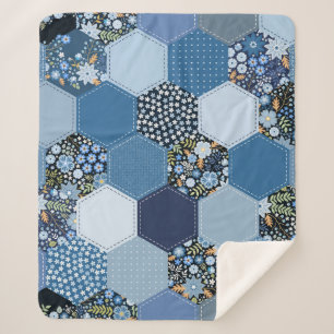 Blumenmuster, Denim Patchwork: blaues Muster. Sherpadecke