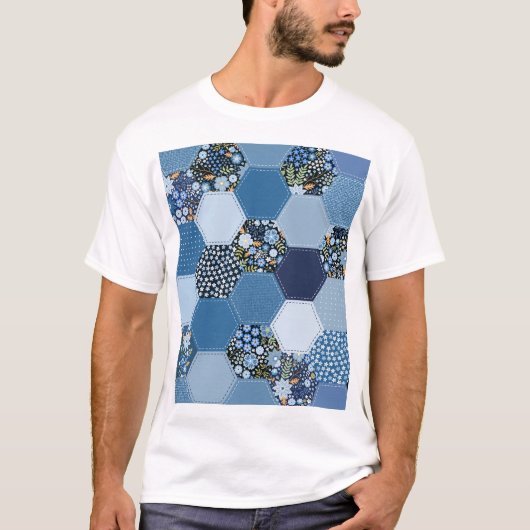 Blumenmuster, Denim Patchwork: blaues Muster. T-Shirt (Vorderseite)
