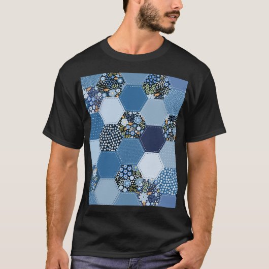 Blumenmuster, Denim Patchwork: blaues Muster. T-Shirt (Vorderseite)