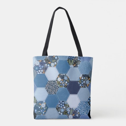 Blumenmuster, Denim Patchwork: blaues Muster. Tasche (Rückseite)