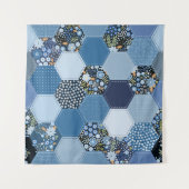 Blumenmuster, Denim Patchwork: blaues Muster. Wandteppich (Vorderseite)