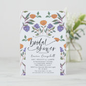 Blumenmuster Dusty Blue & Orange Brautparty Einladung (Stehend Vorderseite)