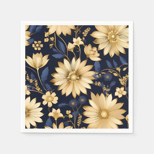 Blumenmuster Elegantes Gold und Blau Serviette (Vorderseite)