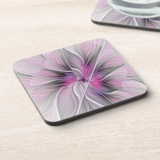 Blumenmuster Fraktal Moderne Abstrakte Blume Rosa Getränkeuntersetzer (Linke Seite)