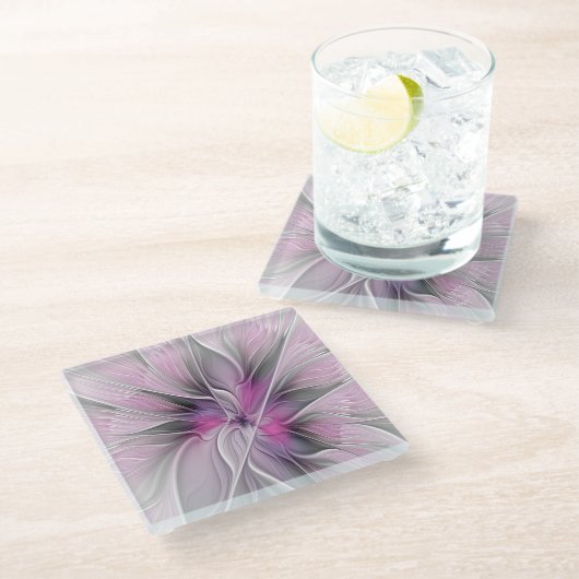 Blumenmuster Fraktal Moderne Abstrakte Blume Rosa Glasuntersetzer (Schrägansicht)