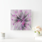 Blumenmuster Fraktal Moderne Abstrakte Blume Rosa Quadratische Wanduhr (Zuhause)
