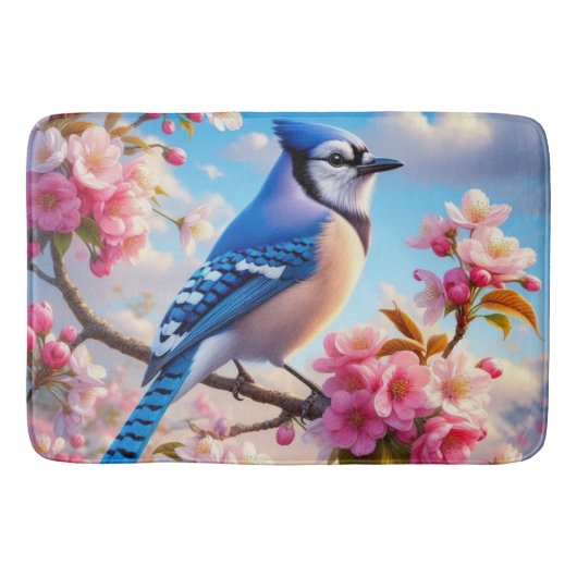 Blumenmuster/Frühling Blau Jay Art Badematte (Vorderseite)