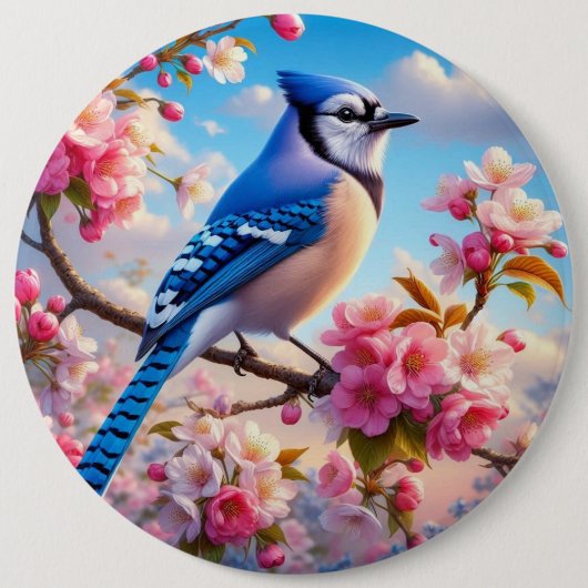 Blumenmuster/Frühling Blau Jay Art Button (Vorderseite)