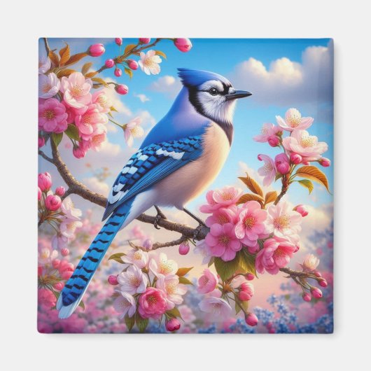 Blumenmuster/Frühling Blau Jay Art Magnet (Vorne)