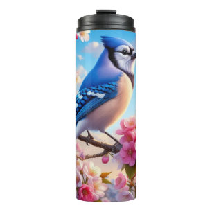 Blumenmuster/Frühling Blau Jay Art Thermosbecher