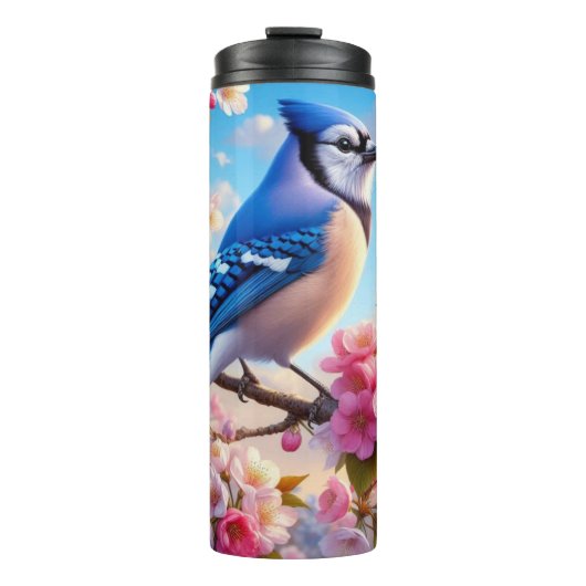 Blumenmuster/Frühling Blau Jay Art Thermosbecher (Vorderseite)