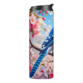 Blumenmuster/Frühling Blau Jay Art Thermosbecher (Nach links gedreht)