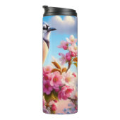 Blumenmuster/Frühling Blau Jay Art Thermosbecher (Nach rechts gedreht)