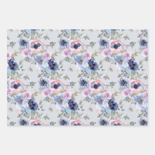 Blumenmuster für Aquarellblumen-Blume Dusty Blue Geschenkpapier Set (Vorderseite 3)