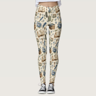 Blumenmuster für Vintage-Buchliebhaber   Blaue Bot Leggings