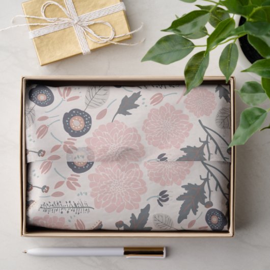 Blumenmuster Grau Pink Schwarz Seidenpapier (Geschenk)