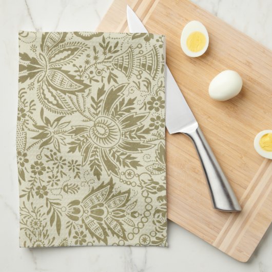 Blumenmuster Green Sage Antike Damaskus Geschirrtuch (Viertel Falte)