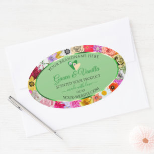Blumenmuster Grüne Multicolor-Produktmarken Herz Ovaler Aufkleber