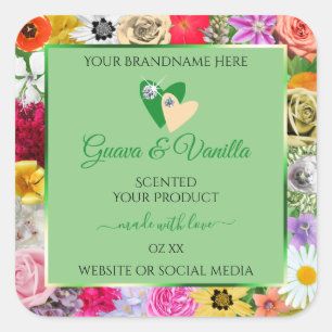 Blumenmuster Grüne Multicolor-Produktmarken Herz Quadratischer Aufkleber