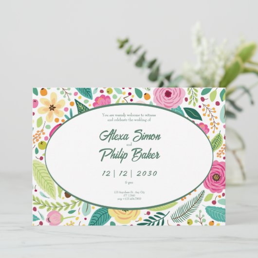 Blumenmuster Hochzeit Einladung (Stehend Vorderseite)