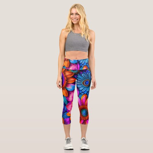 Blumenmuster im bohischen Stil Capri Leggings (Vorderseite)