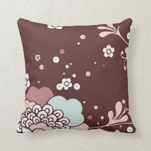 Blumenmuster im Retro-Design Braun, Blau und Rosa Kissen