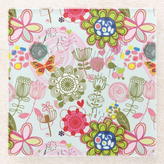 Blumenmuster im Retro-Stil 2 Glasuntersetzer (Vorderseite)