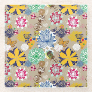 Blumenmuster im Retro-Stil 3 Glasuntersetzer