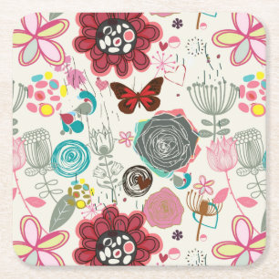 Blumenmuster im Retro-Stil 5 Rechteckiger Pappuntersetzer