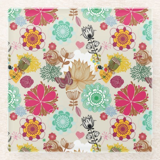 Blumenmuster im Retro-Stil Glasuntersetzer (Vorderseite)