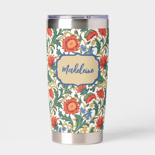 Blumenmuster im Stil von William Morris Blau Rot G Thermobecher (Vorderseite)