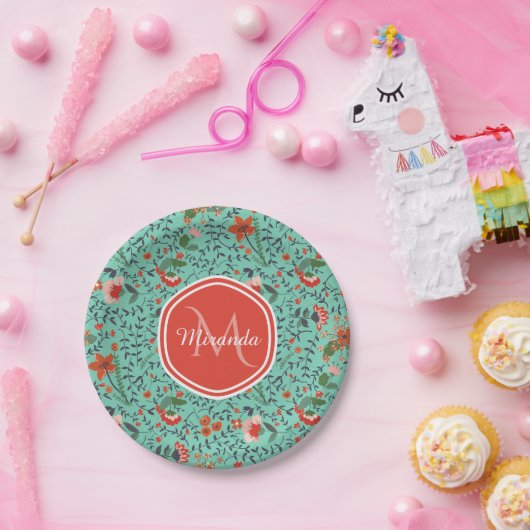 Blumenmuster in Aquamariner, orangefarbener und ro Pappteller (Party)