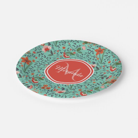 Blumenmuster in Aquamariner, orangefarbener und ro Pappteller (Schrägansicht)