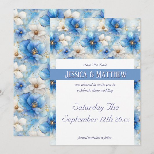 Blumenmuster in Blau Save The Date (Vorne/Hinten)
