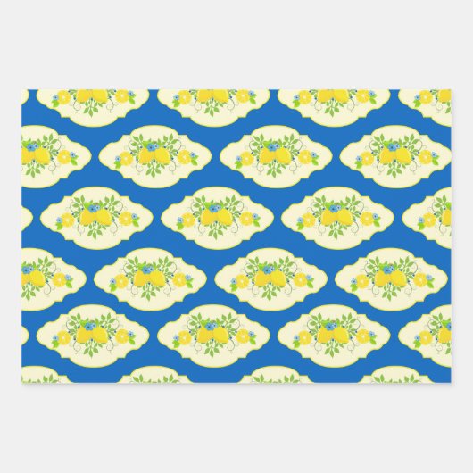 Blumenmuster in Blau und Gelb Lemons Geschenkpapier Set (Vorderseite)