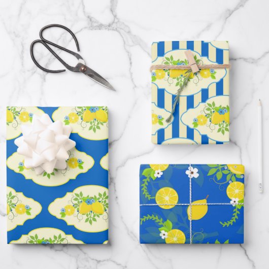 Blumenmuster in Blau und Gelb Lemons Geschenkpapier Set (Vorderseite)