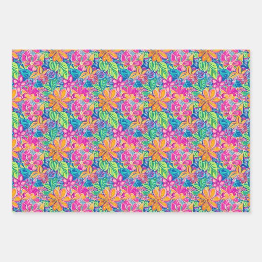 Blumenmuster in kräftigem Rosa, Blau, Orange & Gre Geschenkpapier Set (Vorderseite 2)