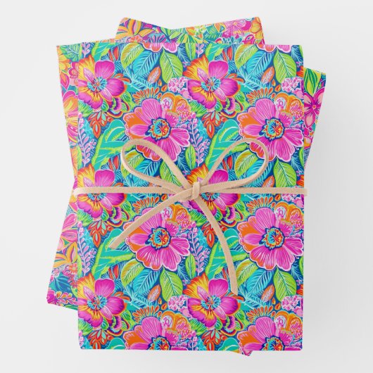 Blumenmuster in kräftigem Rosa, Blau, Orange & Gre Geschenkpapier Set (Beispiel)