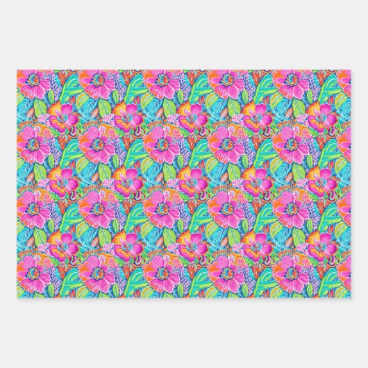 Blumenmuster in kräftigem Rosa, Blau, Orange & Gre Geschenkpapier Set (Vorderseite)