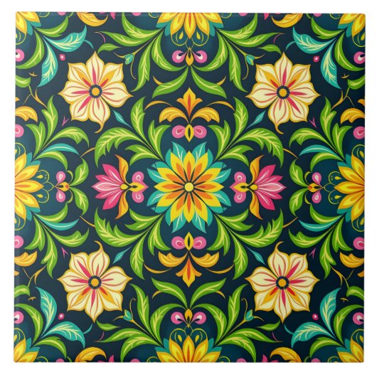 Blumenmuster in lebendigen Farben Fliese (Vorderseite)