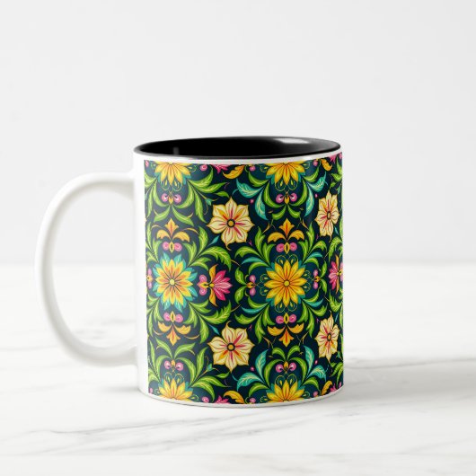 Blumenmuster in lebendigen Farben Zweifarbige Tasse (Links)