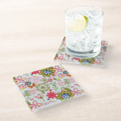 Blumenmuster in Retro Art 2 Glasuntersetzer (Schrägansicht)