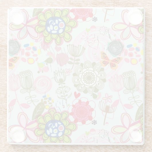 Blumenmuster in Retro Art 2 Glasuntersetzer (Rückseite)